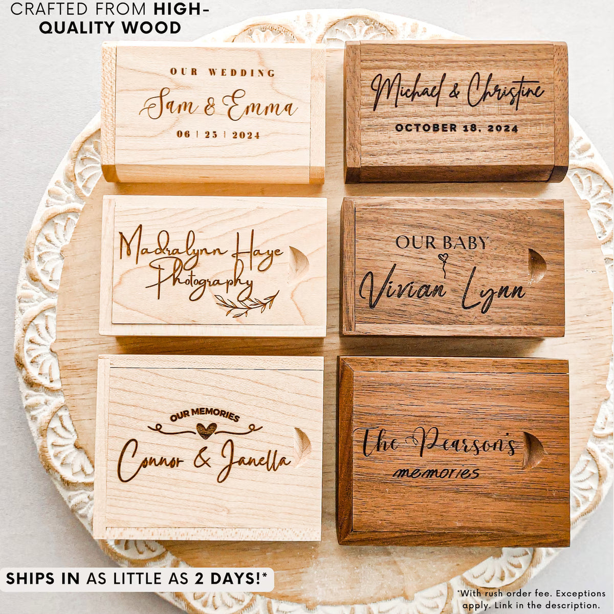 Personalized wooden USB memory boxes in light and dark wood finishes with custom engraved names and dates