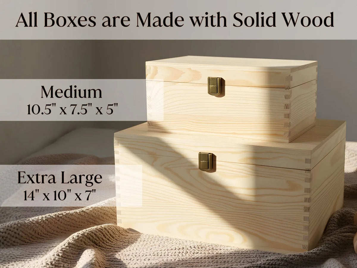Medium and extra large solid wood baby keepsake boxes showing available sizes and metal latches.