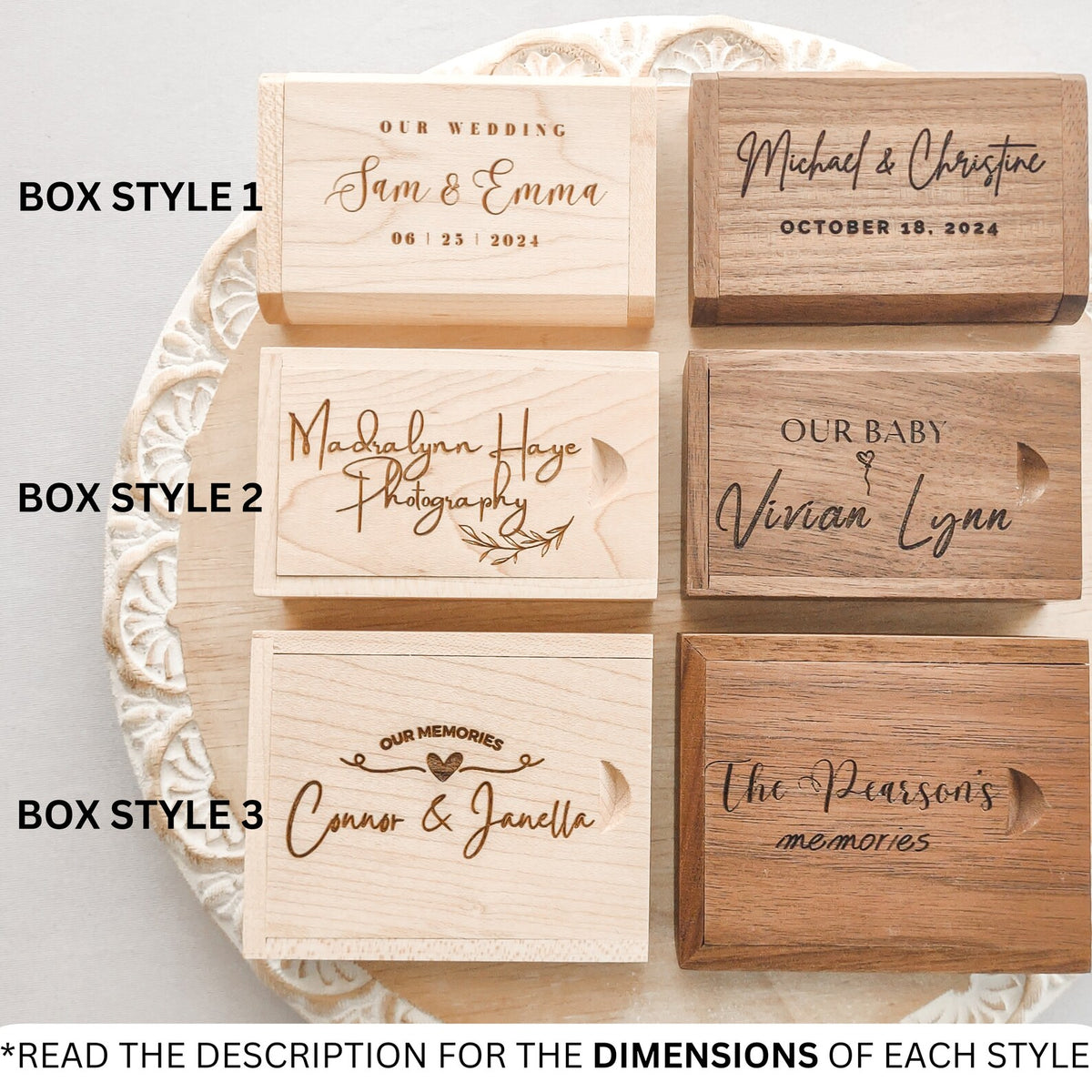 Three styles of personalized wooden USB storage boxes in light and dark wood finishes with engraved designs.