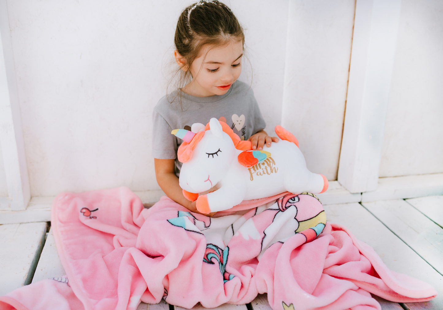 Rainbow Unicorn Set- Personalized Plushie + Big Cozy Blanket
