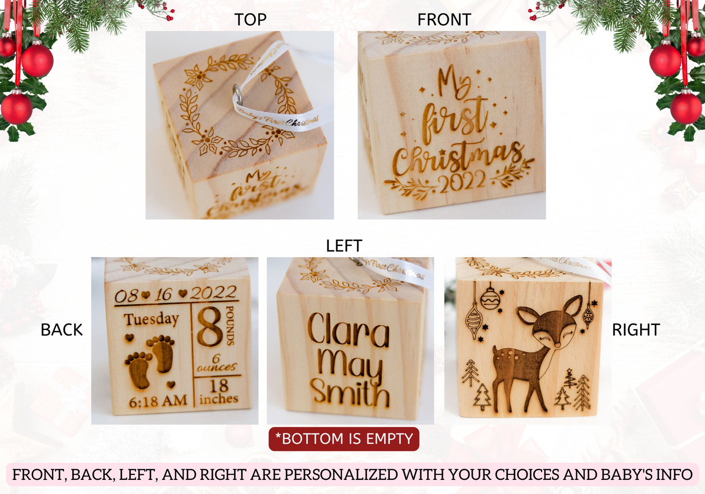 2" Woodland First Christmas Baby's Ornament Wooden Block